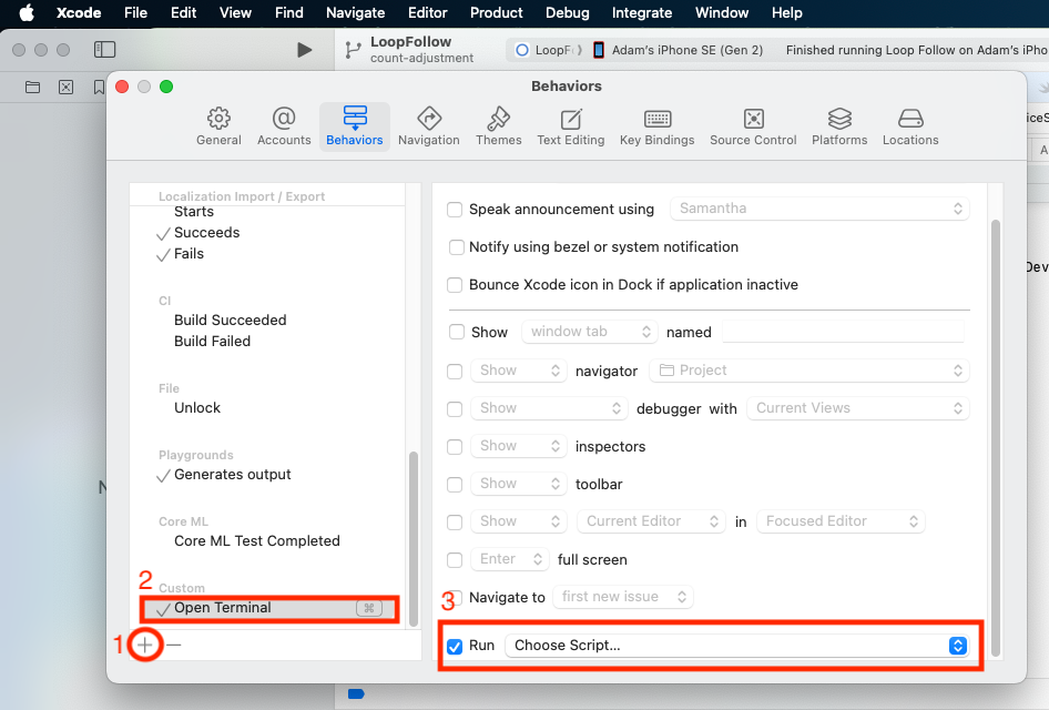 xcode behaviors - ready to select open terminal script